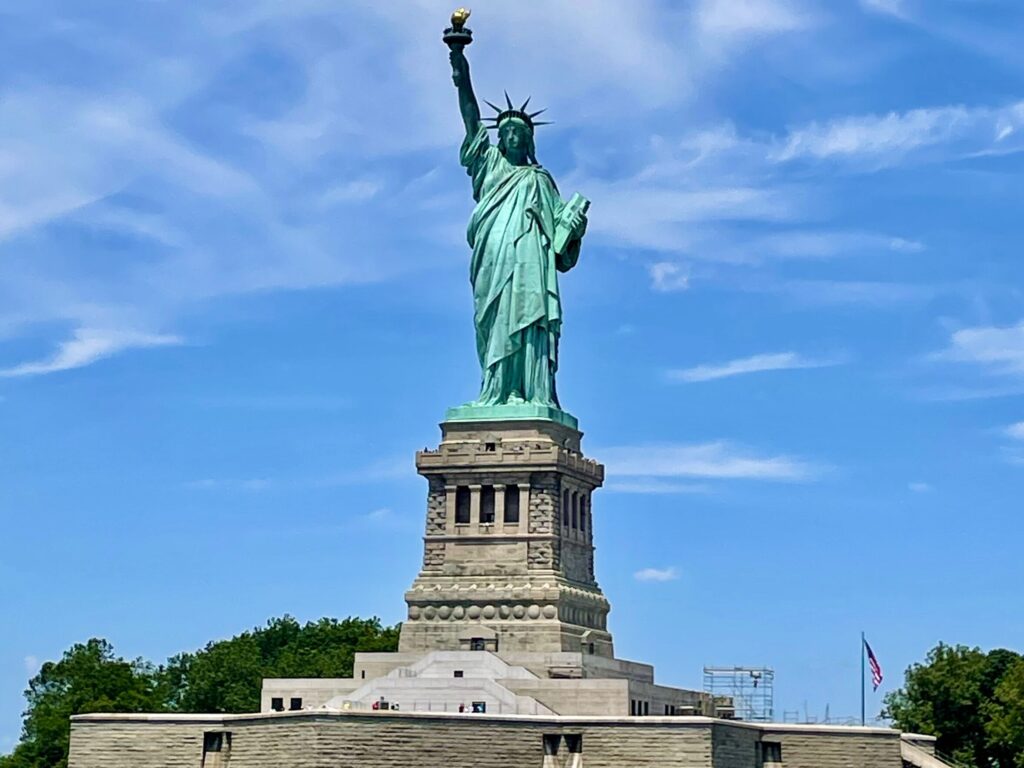 View of the Statue of Liberty from a cruise in New York Harbor.