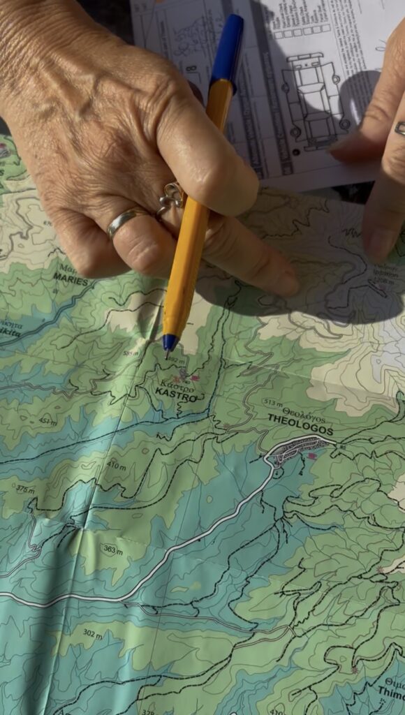 Paper map showing the driving route to Mount Ipsarion on Thassos.