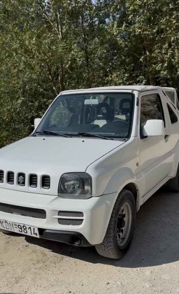 White 4x4 rental car used for our drive to Mount Ipsarion on Thassos.