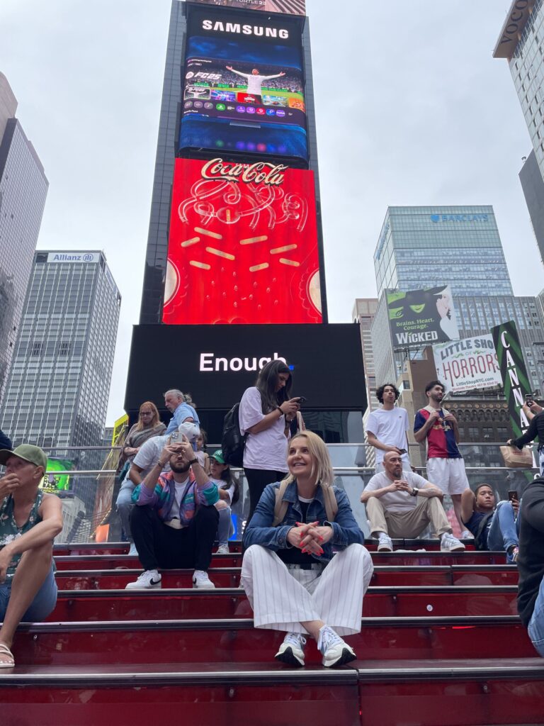 Red steps in Times Square during the day in New York City